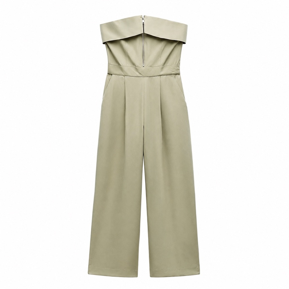 ZARA Strapless Zipper Wide Leg Jumpsuit Sage Olive Green
